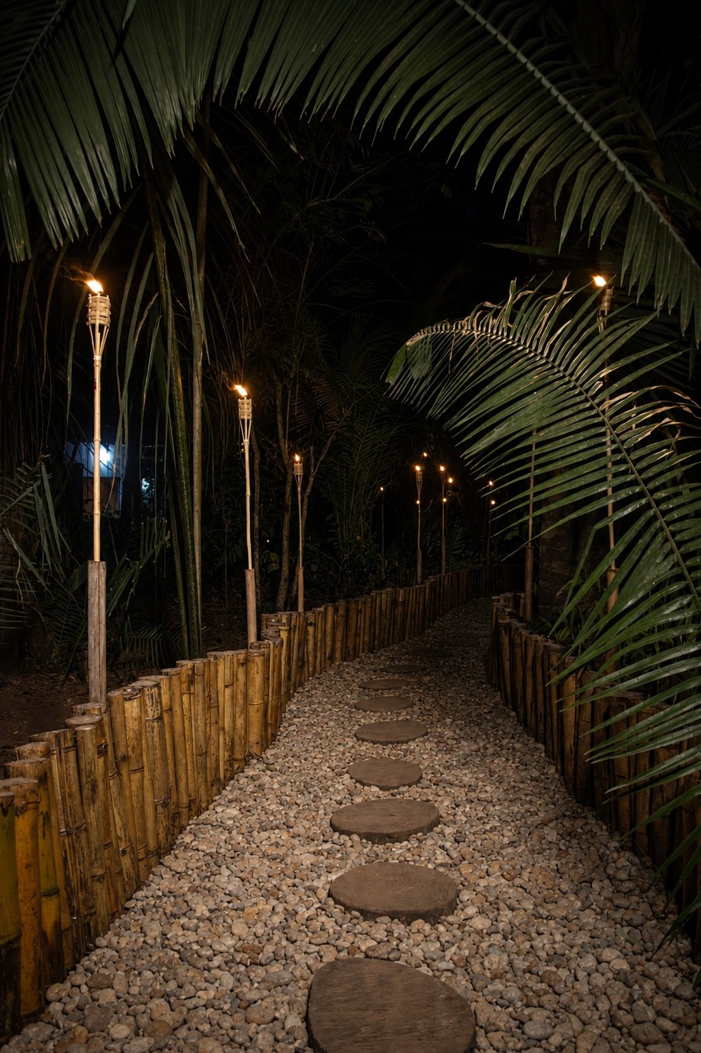Trilha de tochas acesas entre os chalés à noite